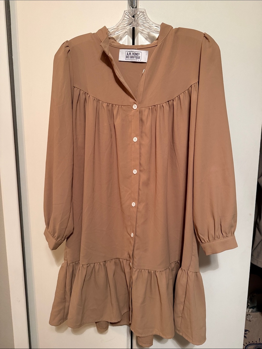 AM.HONEY Taupe Button-Front Ruffle Dress